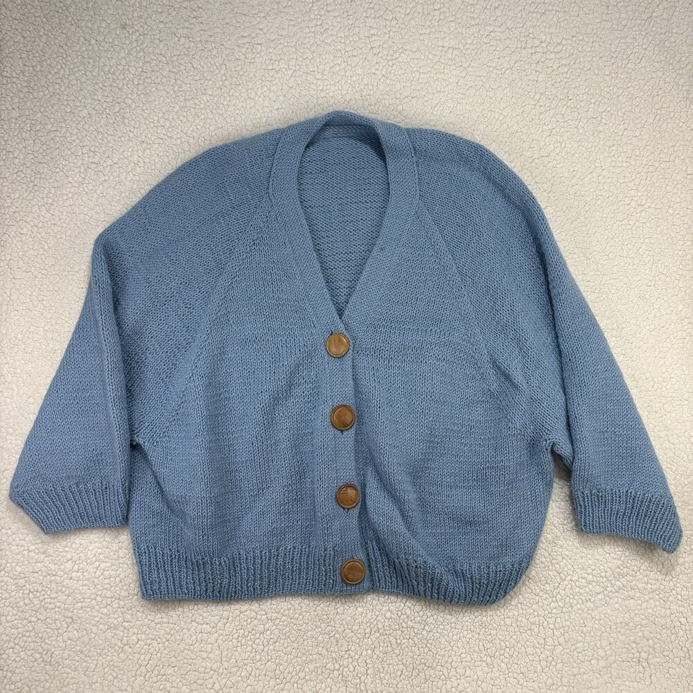 Handmade Knit Blue Chunky Hand Knit Big Wooden Buttons Cardigan Sweater‎ Womens